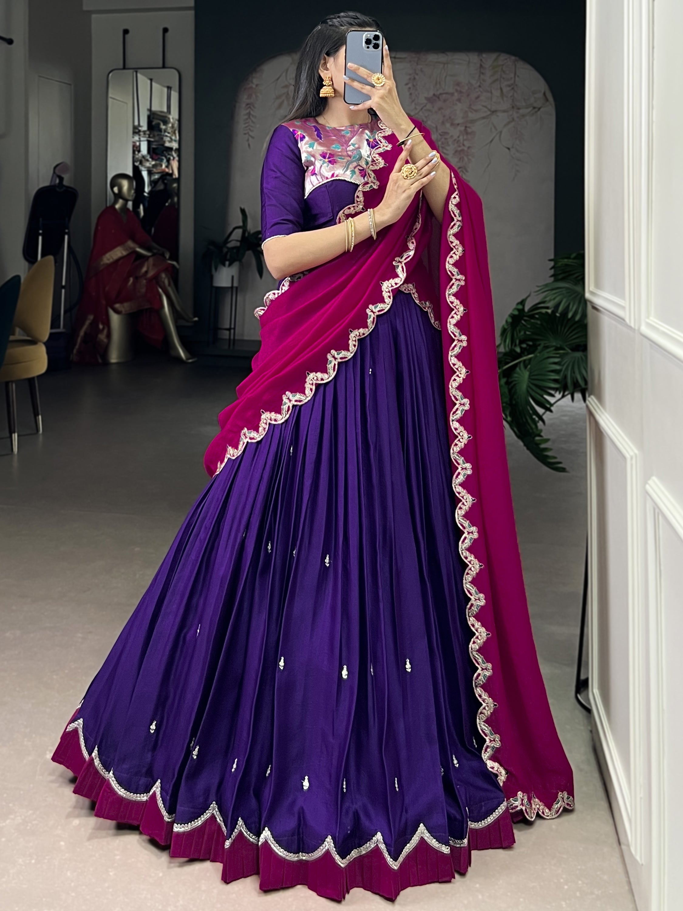 Stunning Purple Sequins Silk Festive Wear Half Saree Lehenga