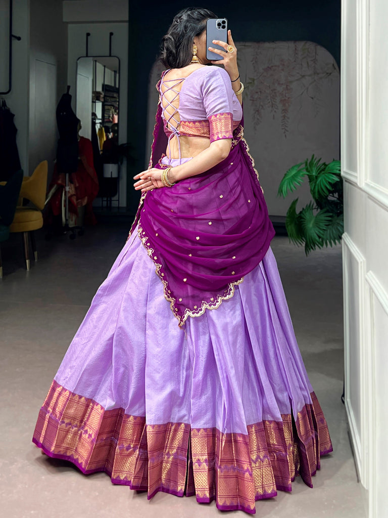Gorgeous Lavender Zari Weaving Silk Traditional Half Saree Lehenga