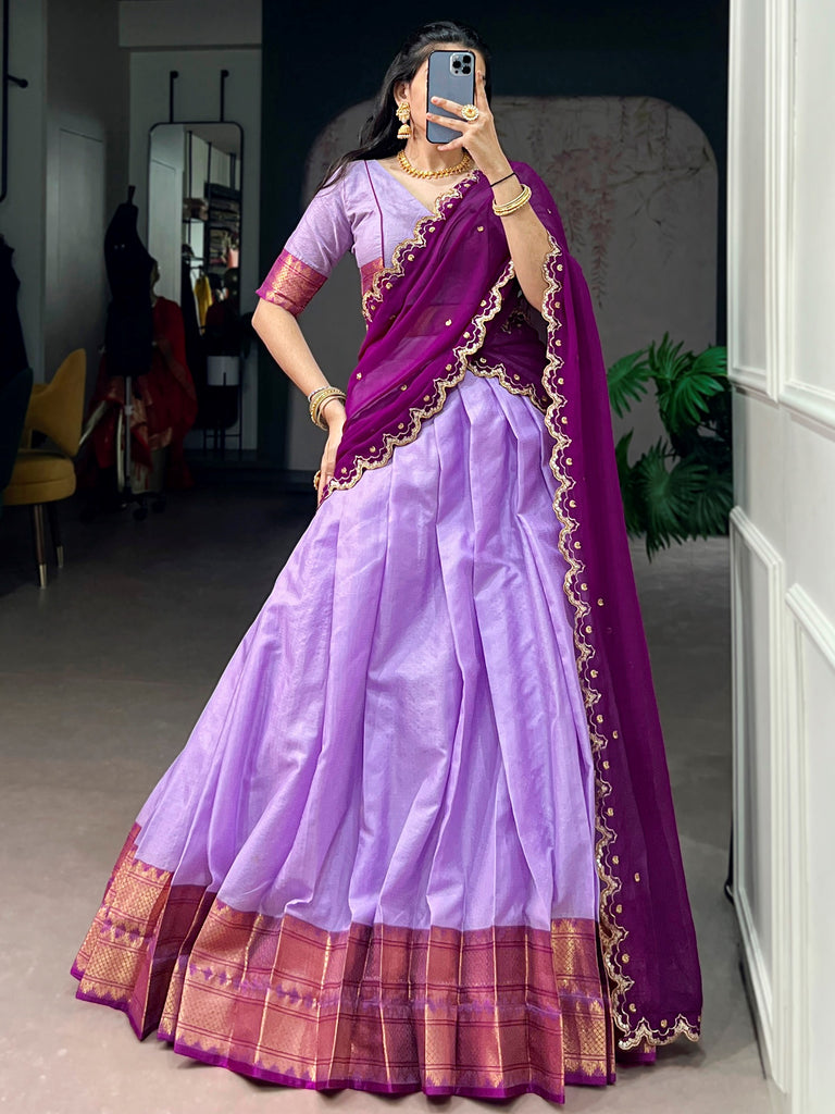 Gorgeous Lavender Zari Weaving Silk Traditional Half Saree Lehenga