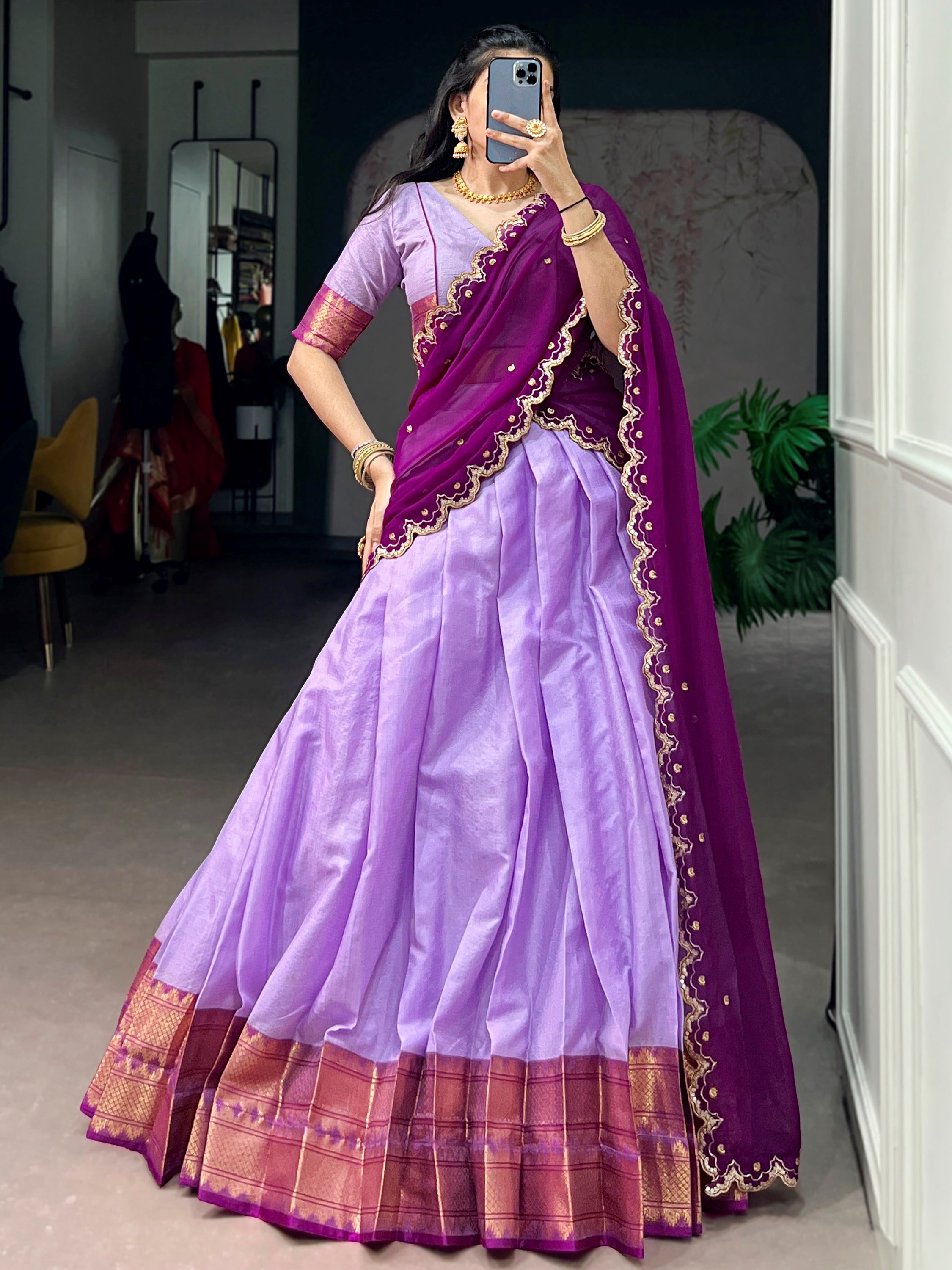 Gorgeous Lavender Zari Weaving Silk Traditional Half Saree Lehenga