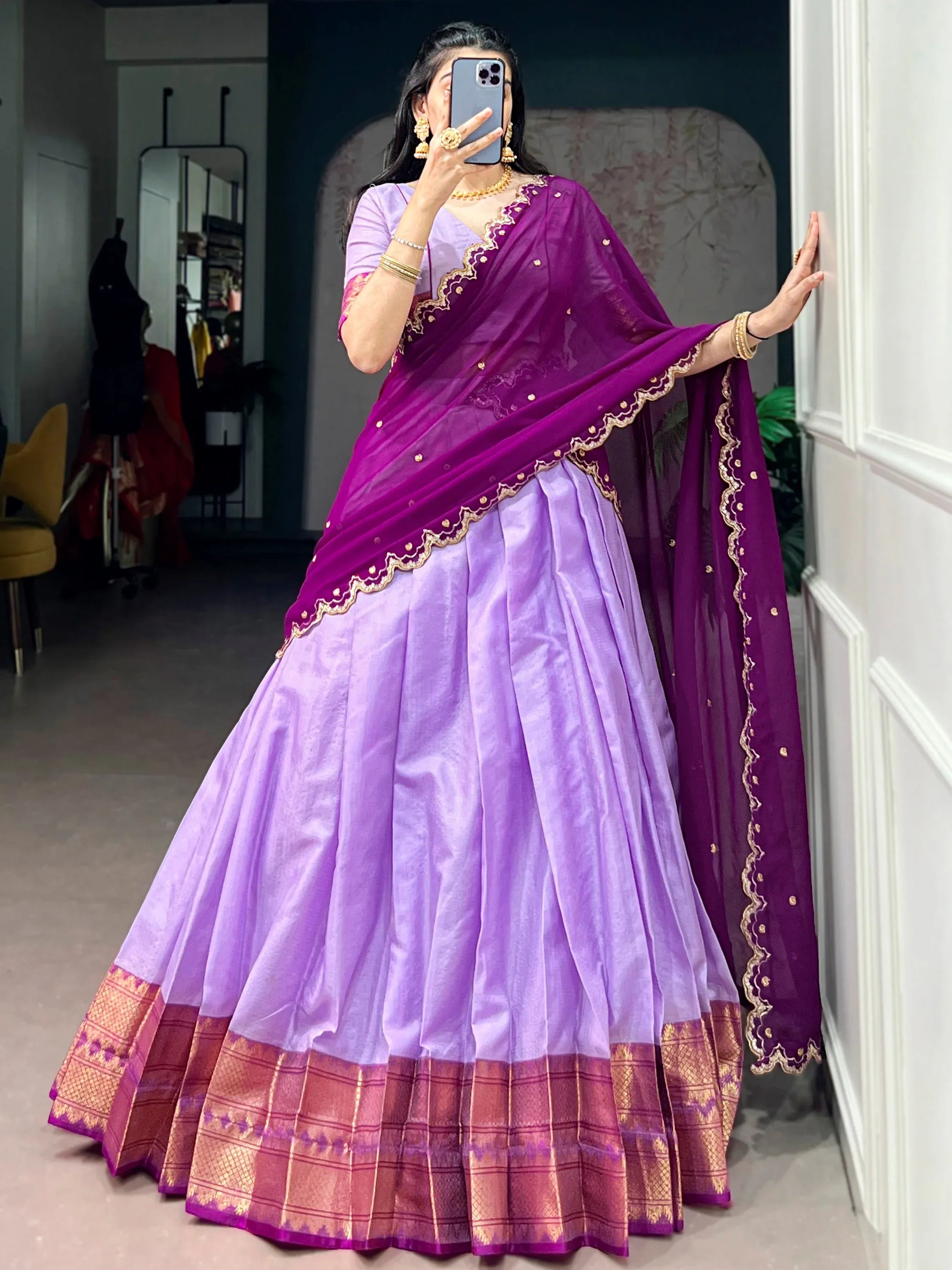 Gorgeous Lavender Zari Weaving Silk Traditional Half Saree Lehenga