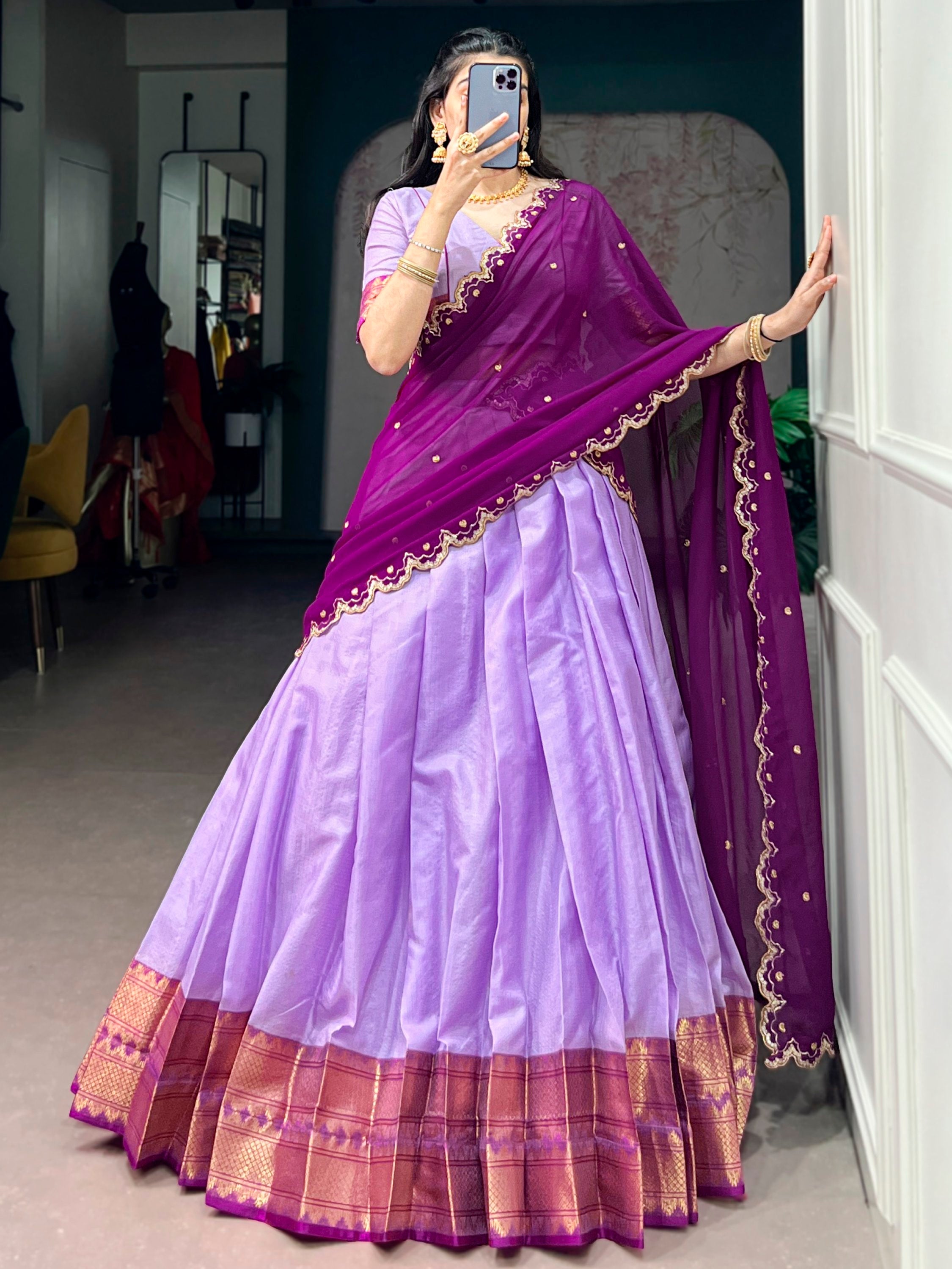 Gorgeous Purple Zari Weaving Silk Traditional Half Saree Lehenga