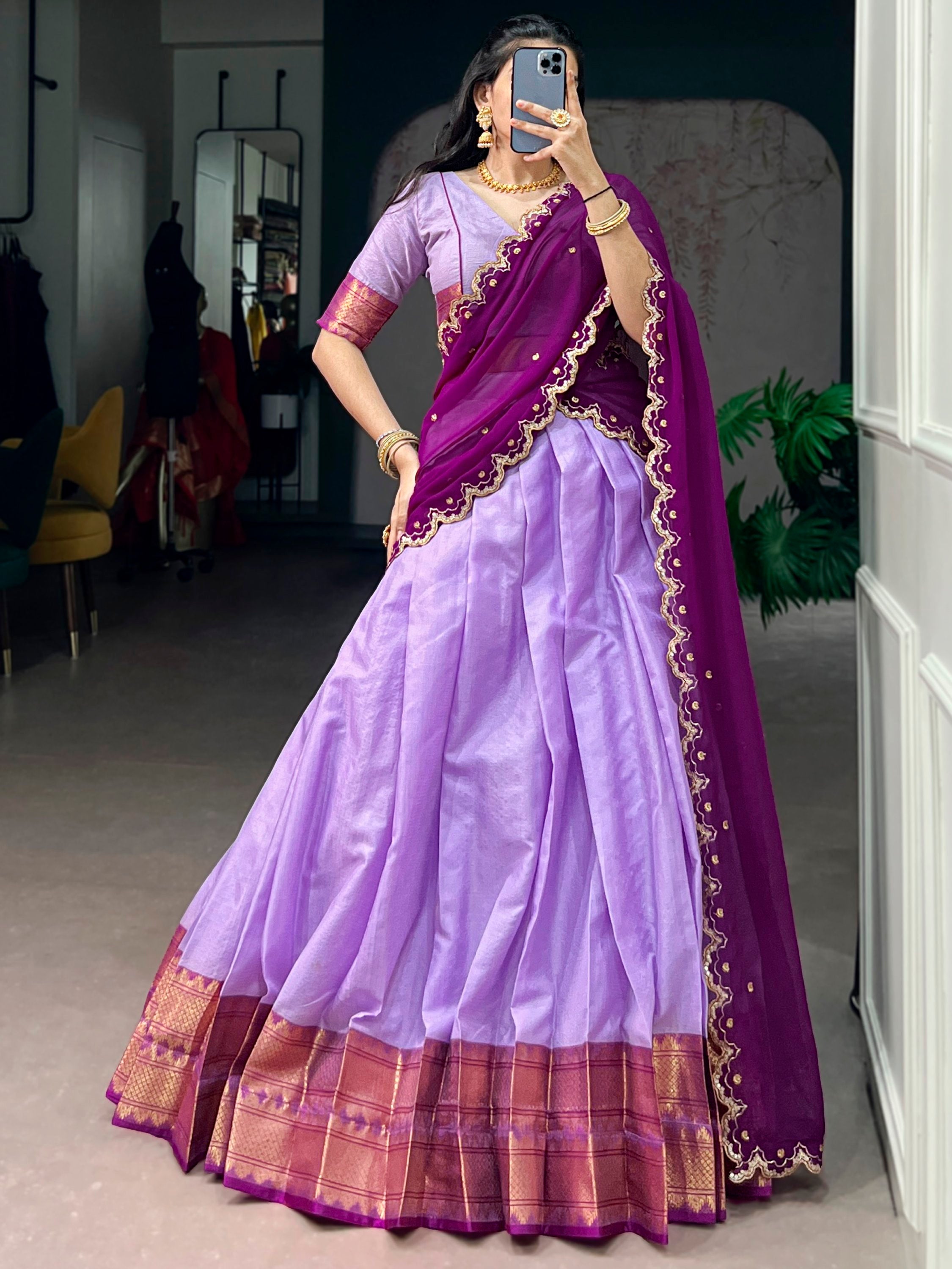 Gorgeous Purple Zari Weaving Silk Traditional Half Saree Lehenga