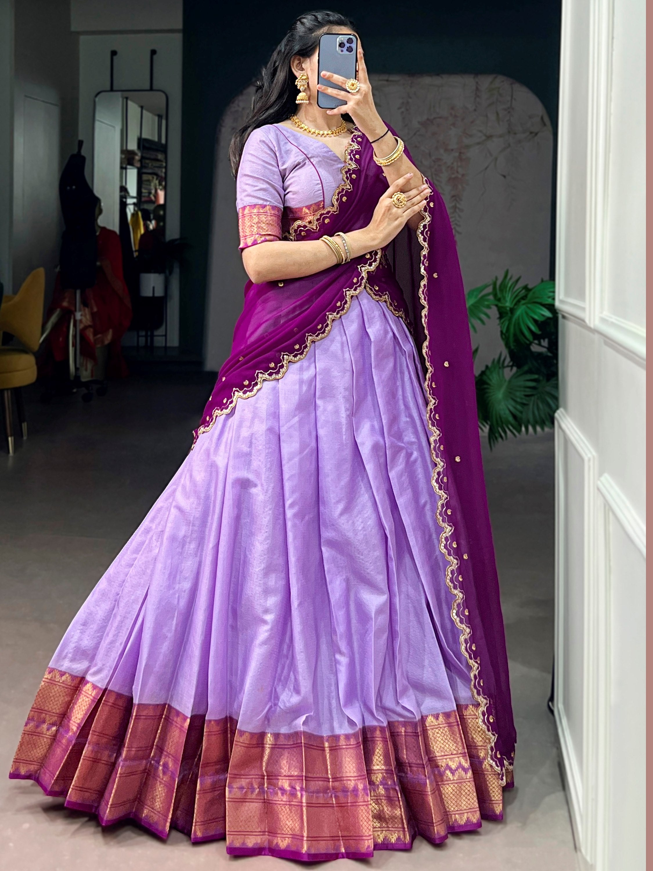 Gorgeous Lavender Zari Weaving Silk Traditional Half Saree Lehenga