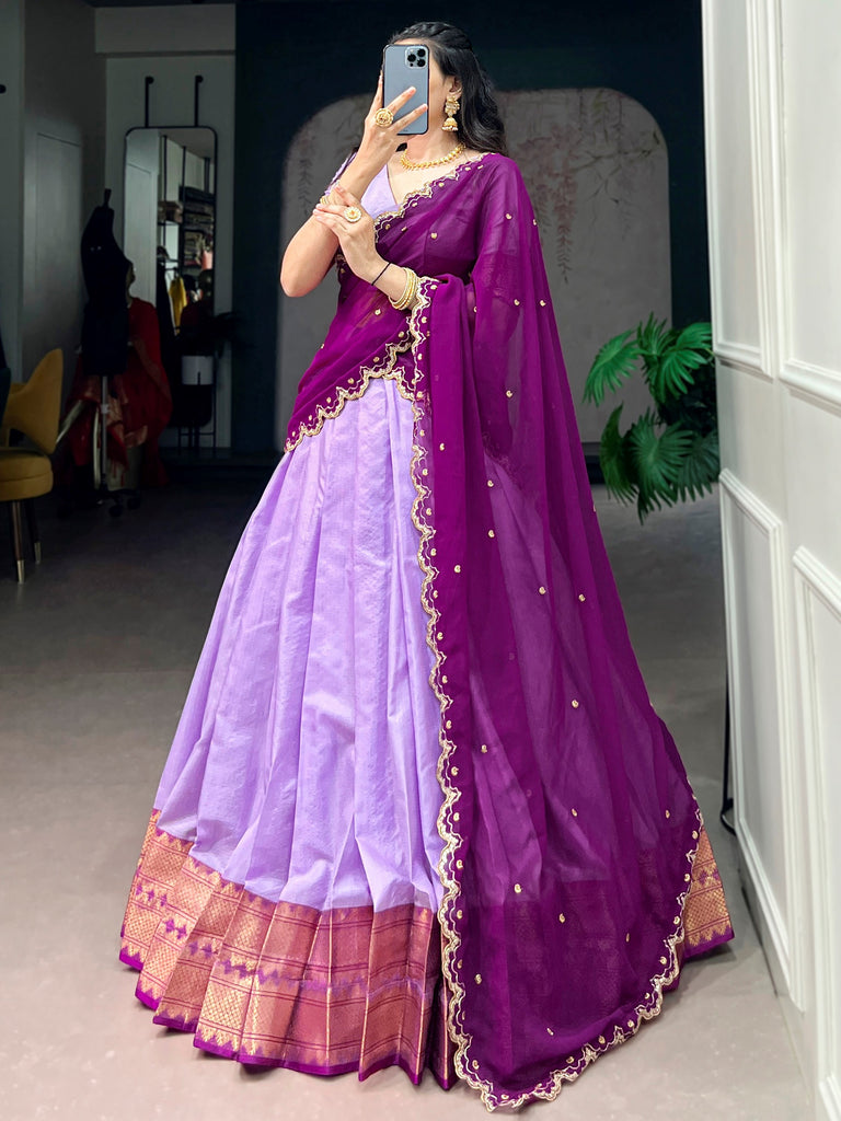 Gorgeous Lavender Zari Weaving Silk Traditional Half Saree Lehenga