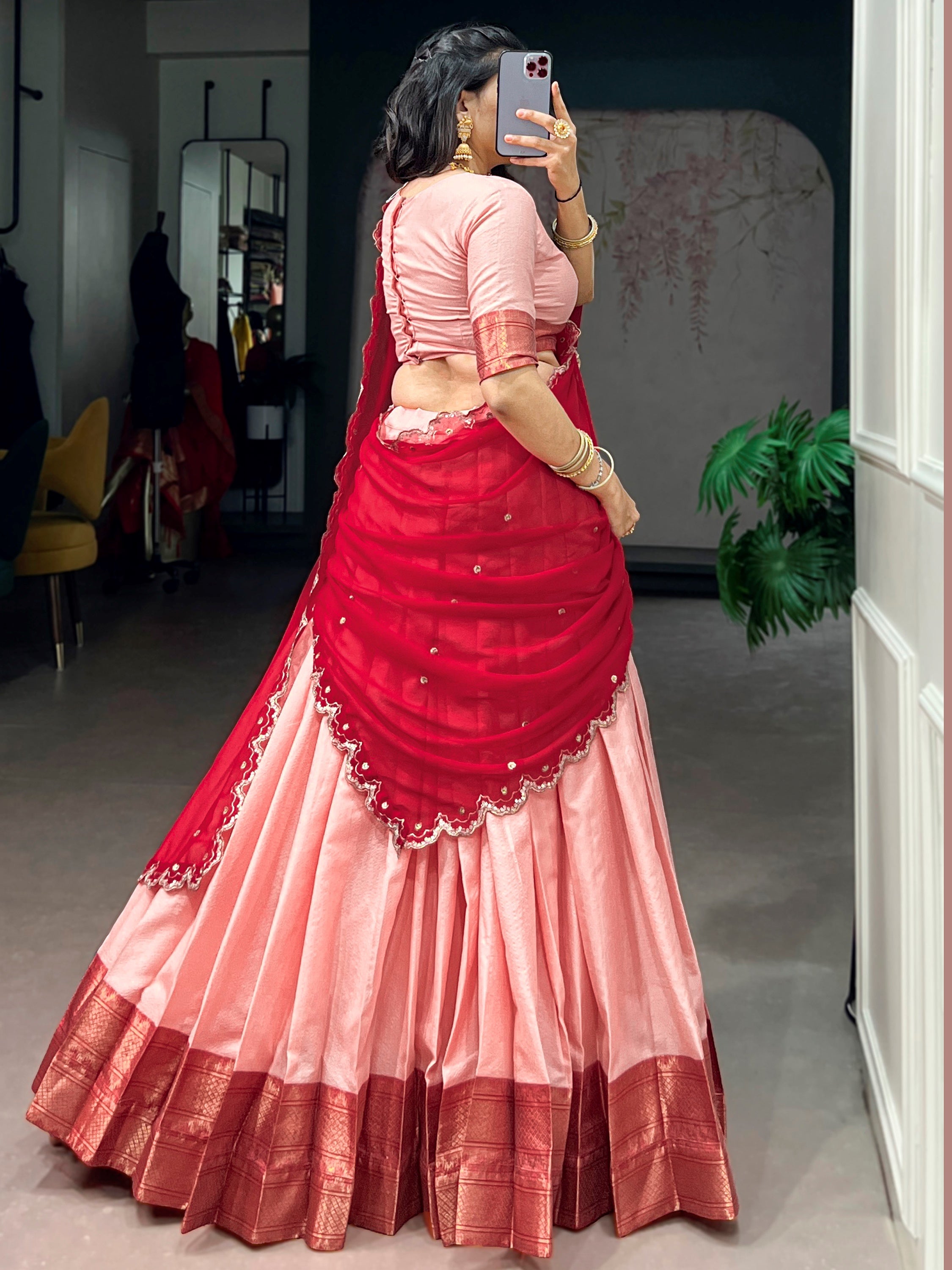 Noteworthy Peach Zari Weaving Silk Festive Wear Half Saree Lehenga