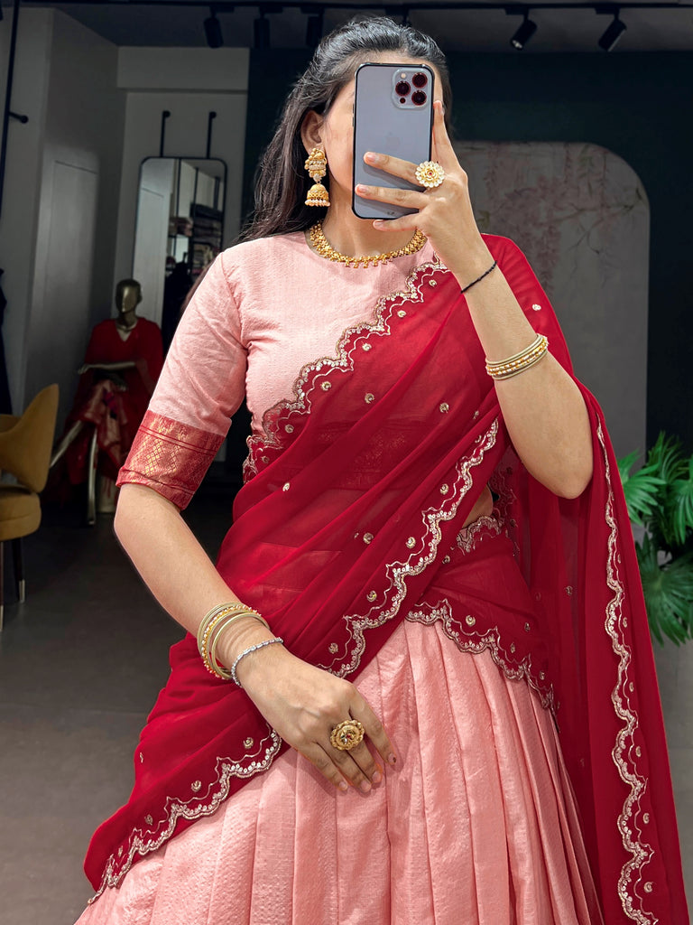 Noteworthy Peach Zari Weaving Silk Festive Wear Half Saree Lehenga