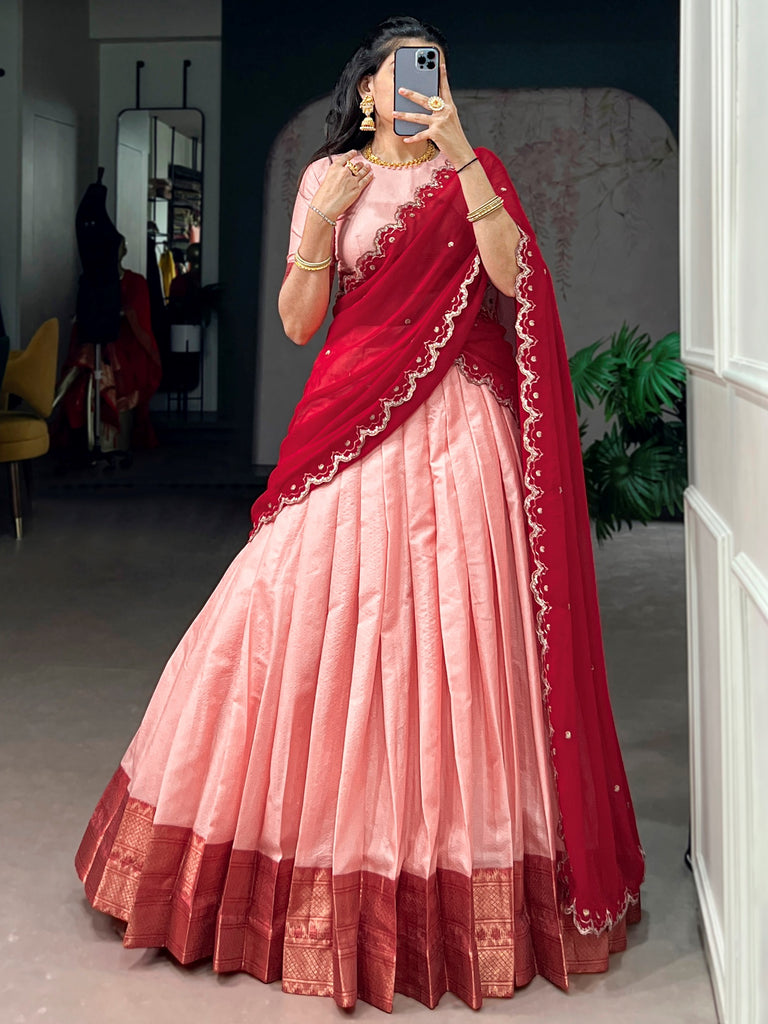 Noteworthy Peach Zari Weaving Silk Festive Wear Half Saree Lehenga