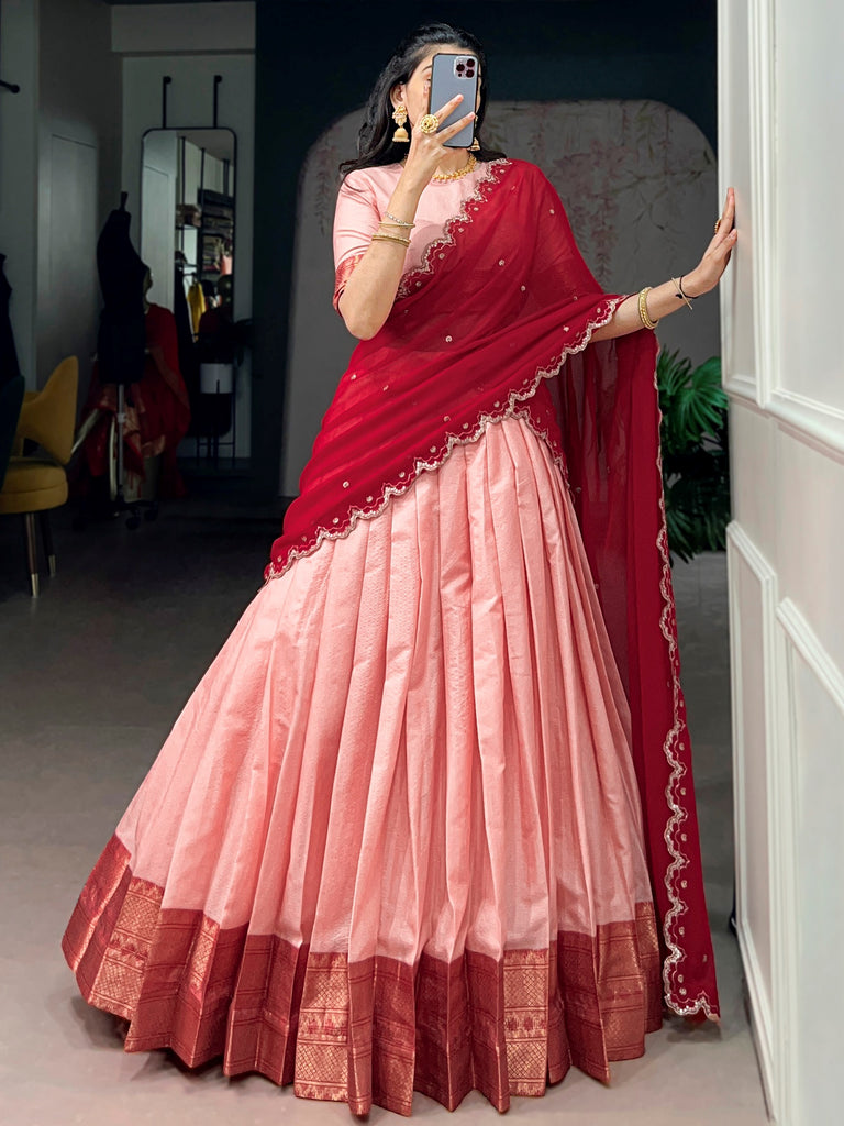 Noteworthy Peach Zari Weaving Silk Festive Wear Half Saree Lehenga
