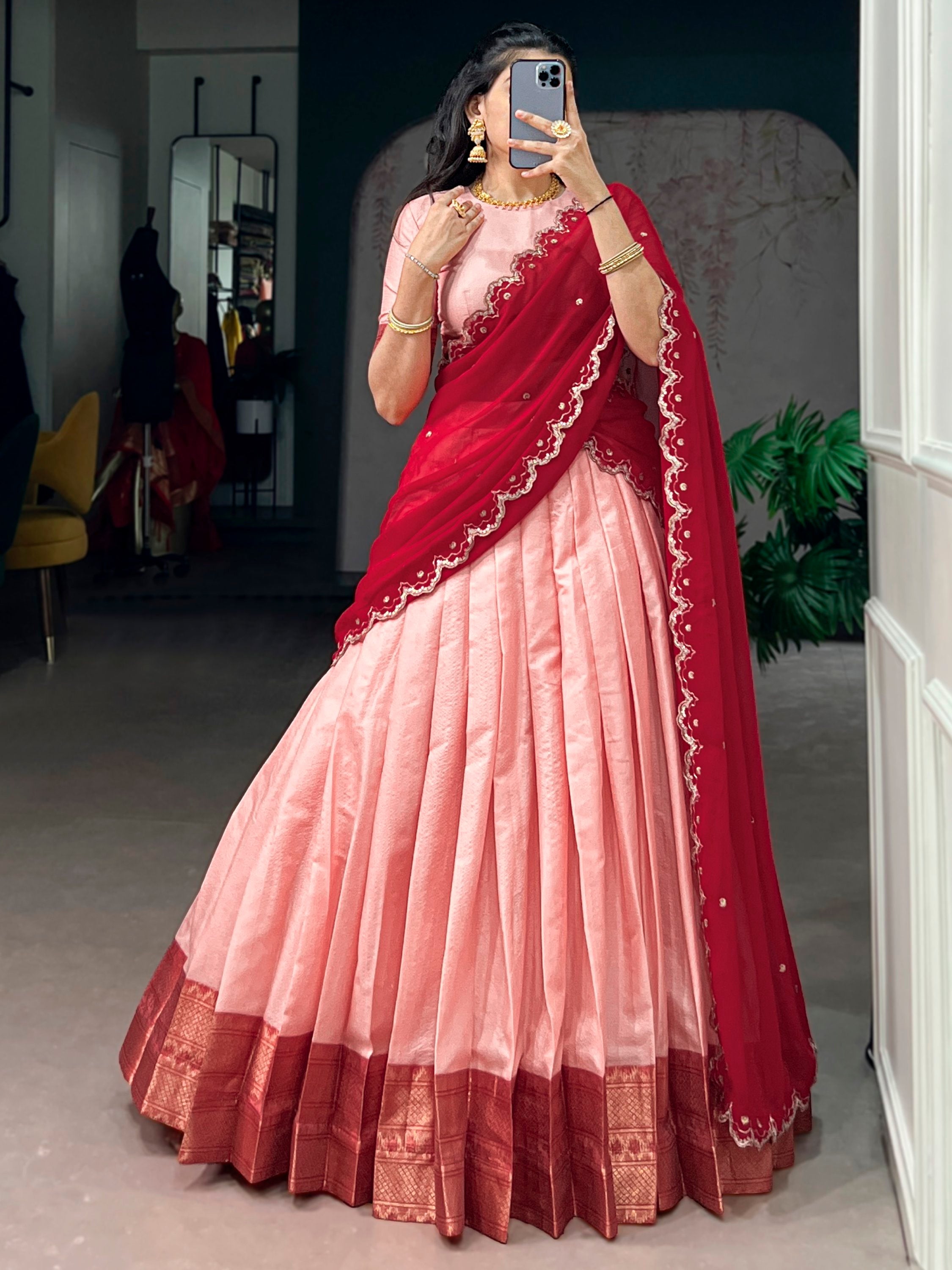 Noteworthy Peach Zari Weaving Silk Festive Wear Half Saree Lehenga