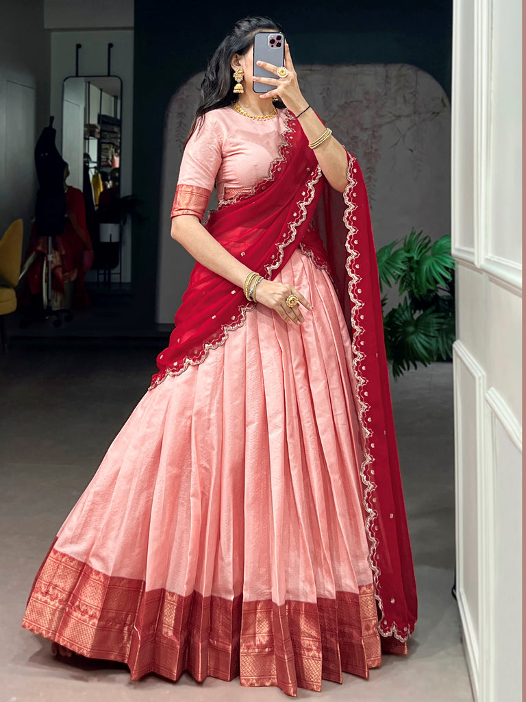 Noteworthy Peach Zari Weaving Silk Festive Wear Half Saree Lehenga