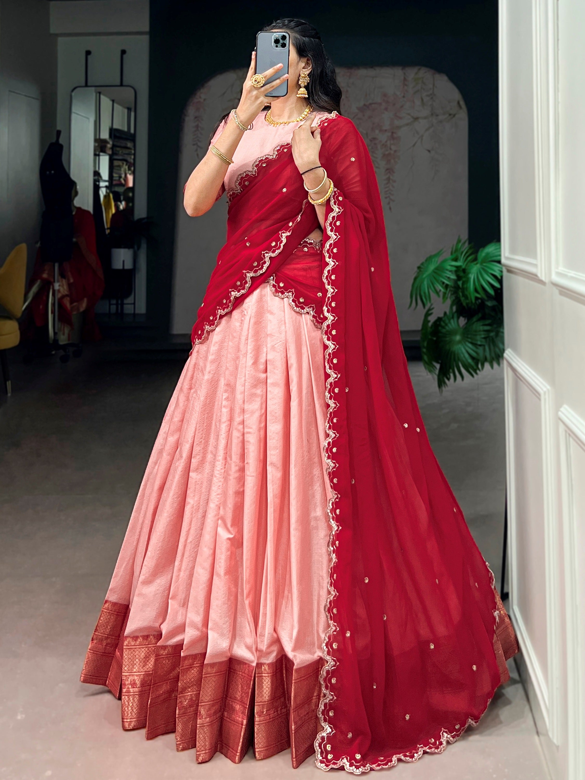 Noteworthy Peach Zari Weaving Silk Festive Wear Half Saree Lehenga