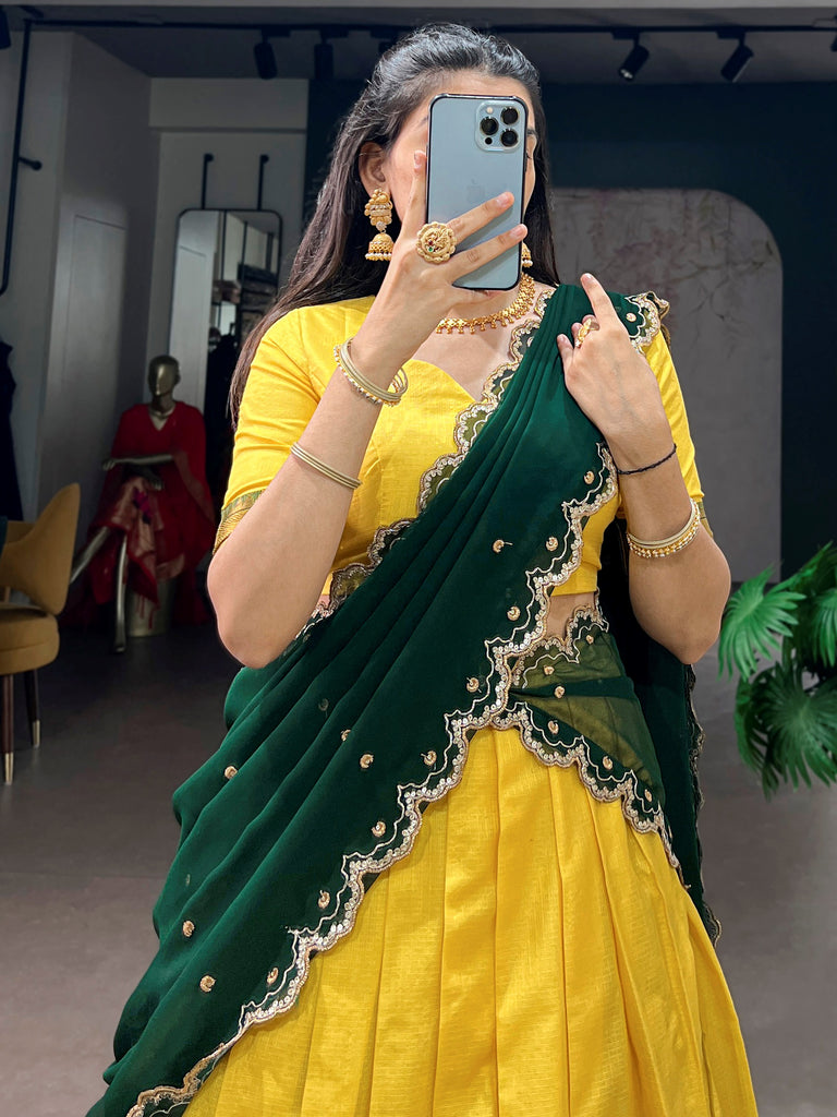 Shiny Yellow Zari Weaving Silk Haldi Wear Half Saree Lehenga