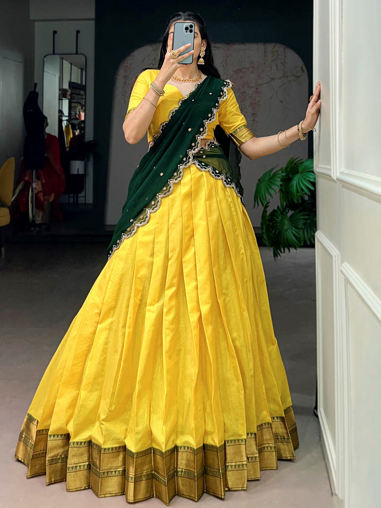 Shiny Yellow Zari Weaving Silk Haldi Wear Half Saree Lehenga