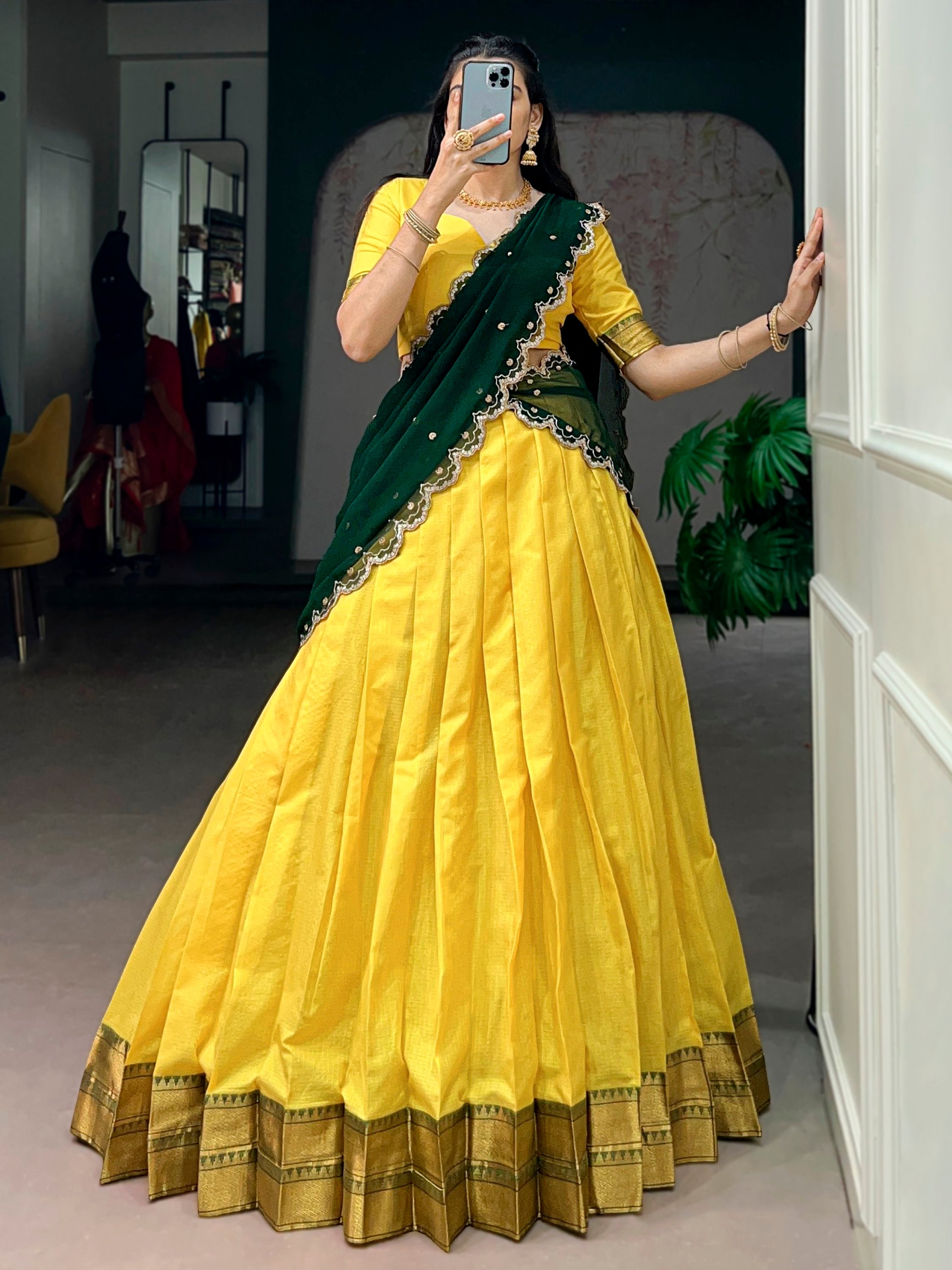 Shiny Yellow Zari Weaving Silk Haldi Wear Half Saree Lehenga
