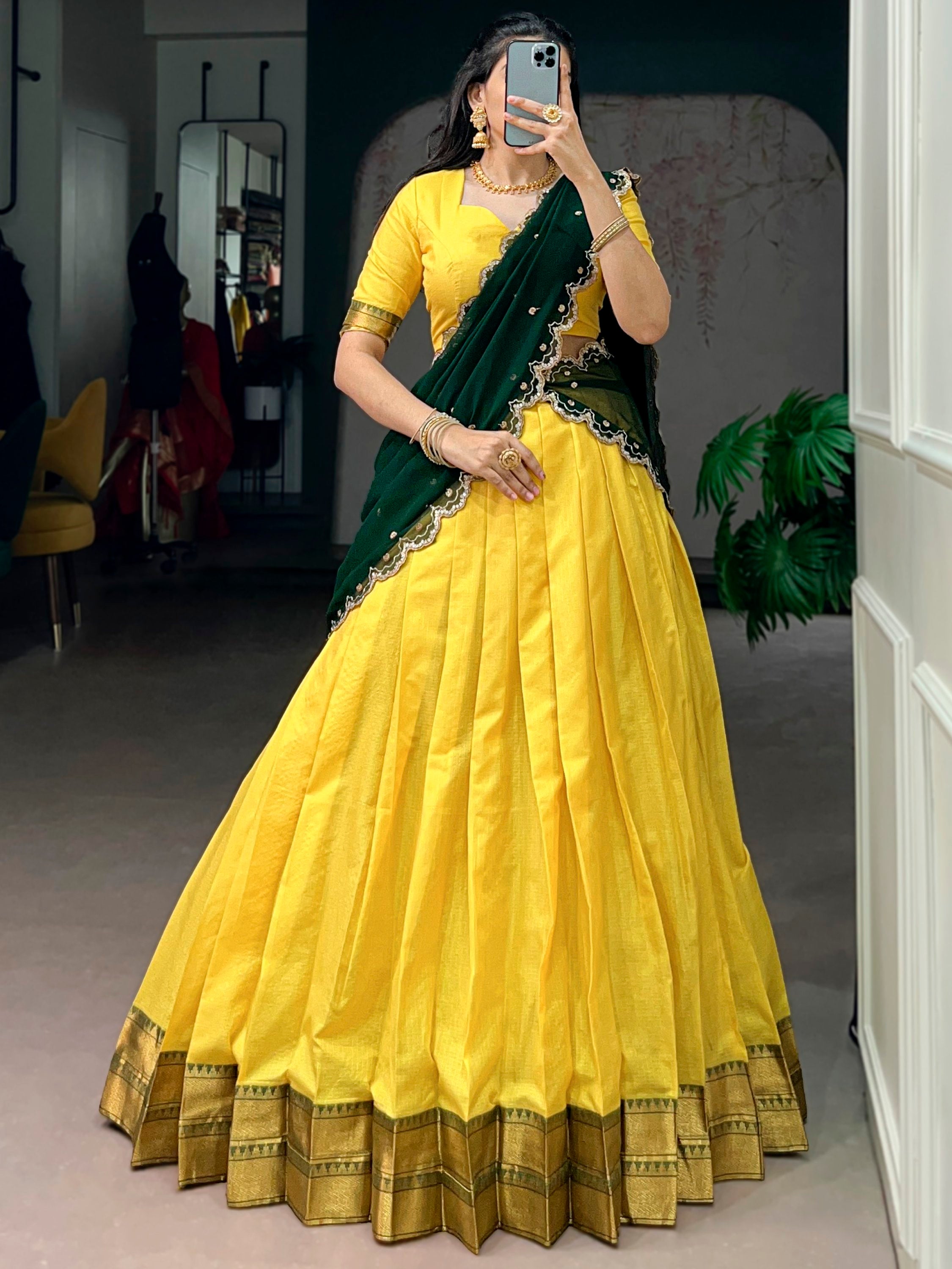 Shiny Yellow Zari Weaving Silk Haldi Wear Half Saree Lehenga