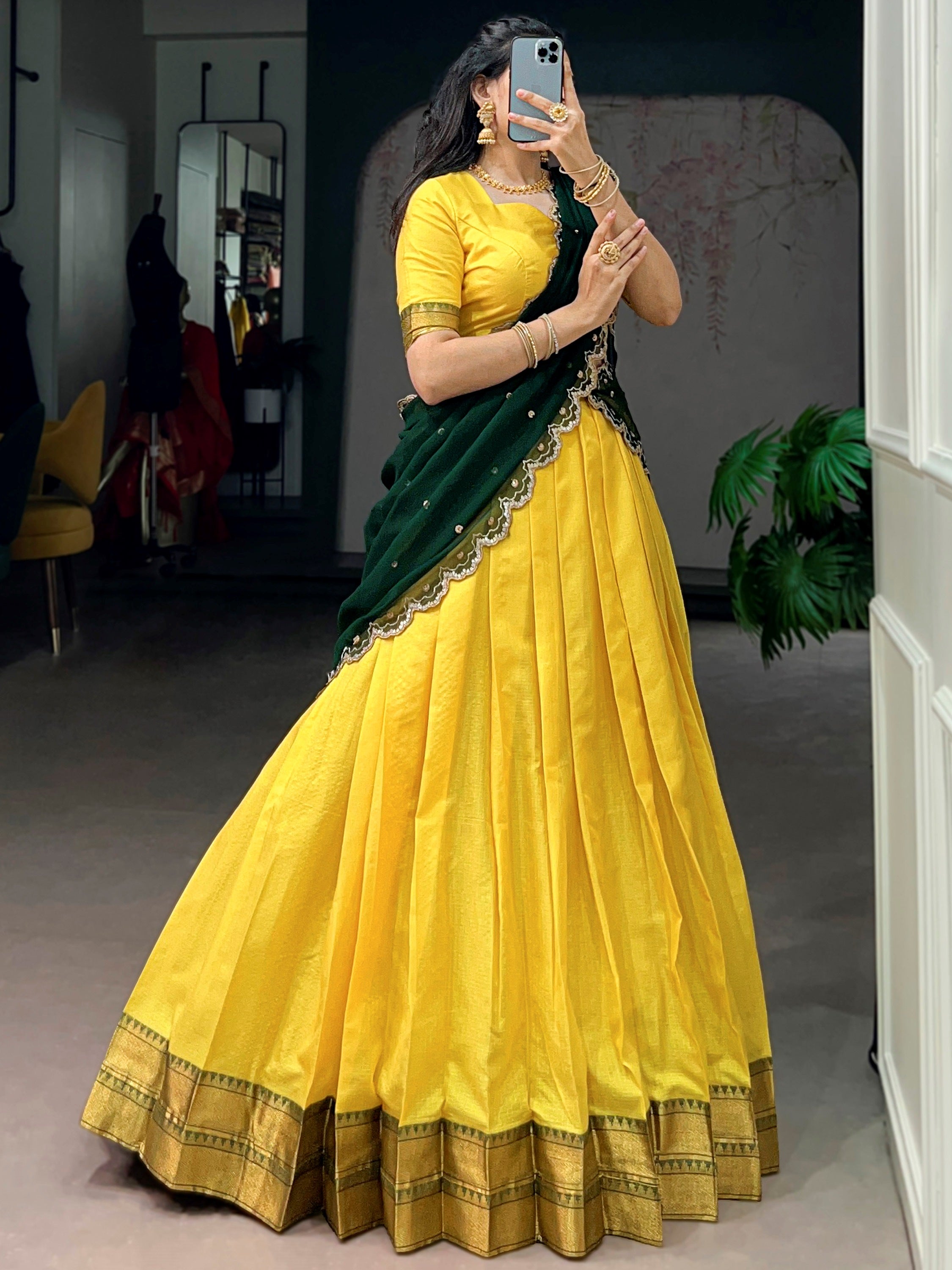 Shiny Yellow Zari Weaving Silk Haldi Wear Half Saree Lehenga