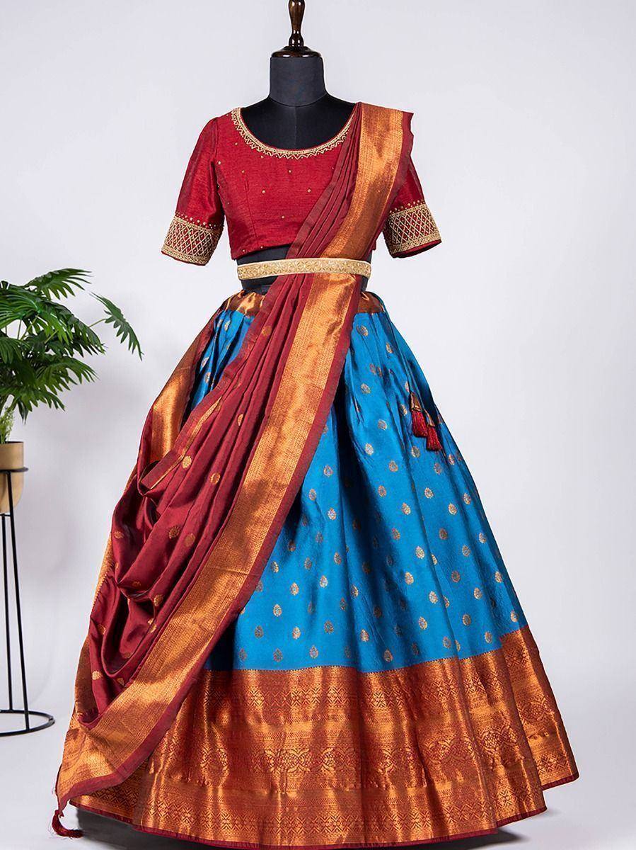 Blue and maroon designer lehenga choli with gold embroidery, perfect for Indian ethnic wear occasions