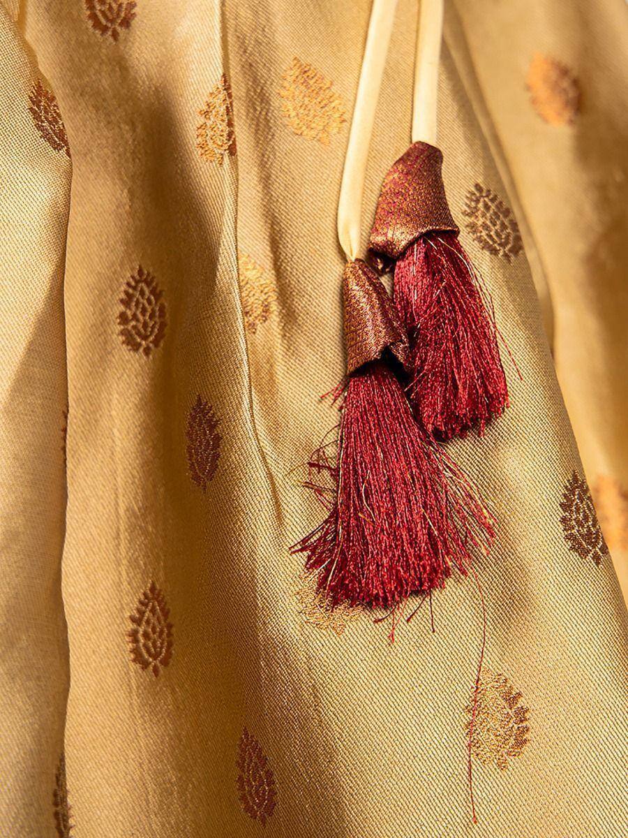 Gold ethnic dress with maroon tassels and leaf motifs, perfect for festive occasions