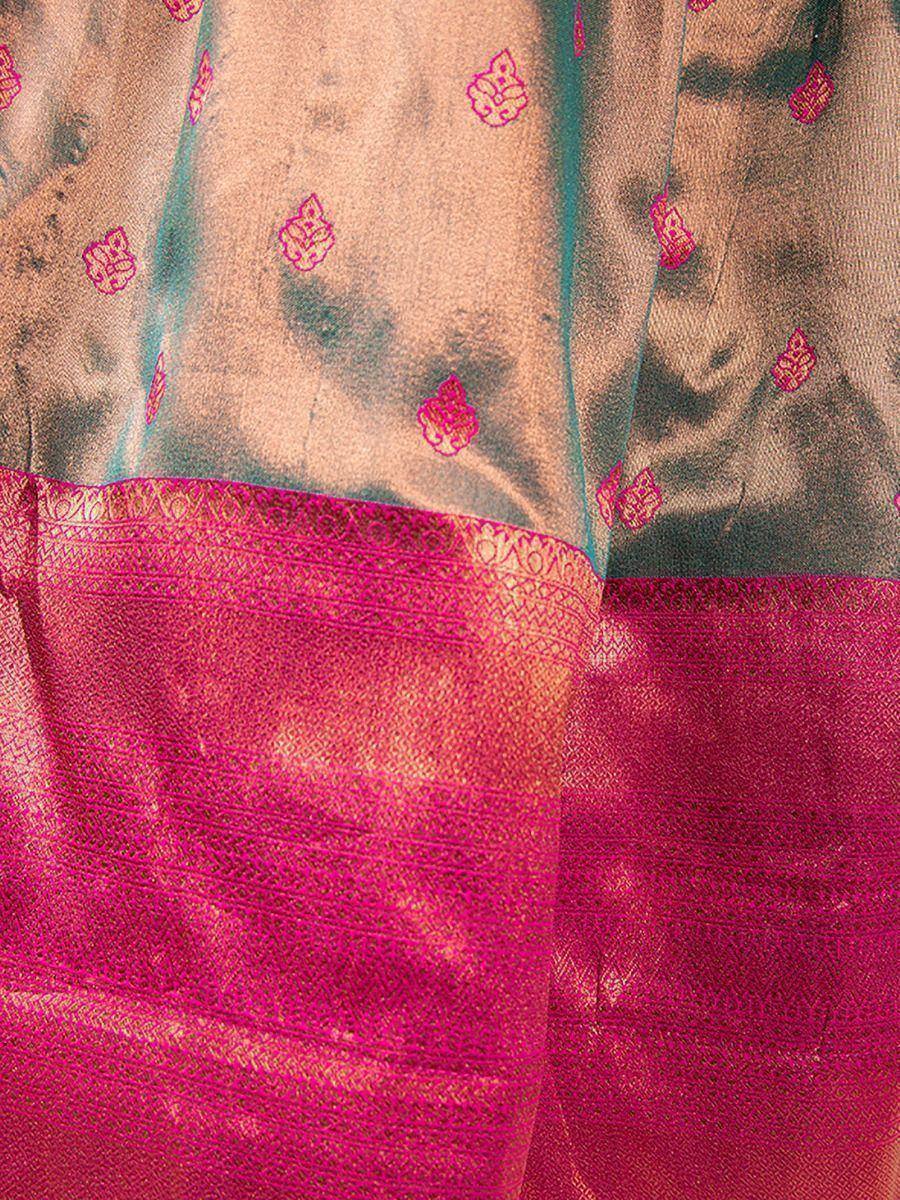 Pink and gold embroidered saree with floral motifs and woven border, ideal for ethnic occasions