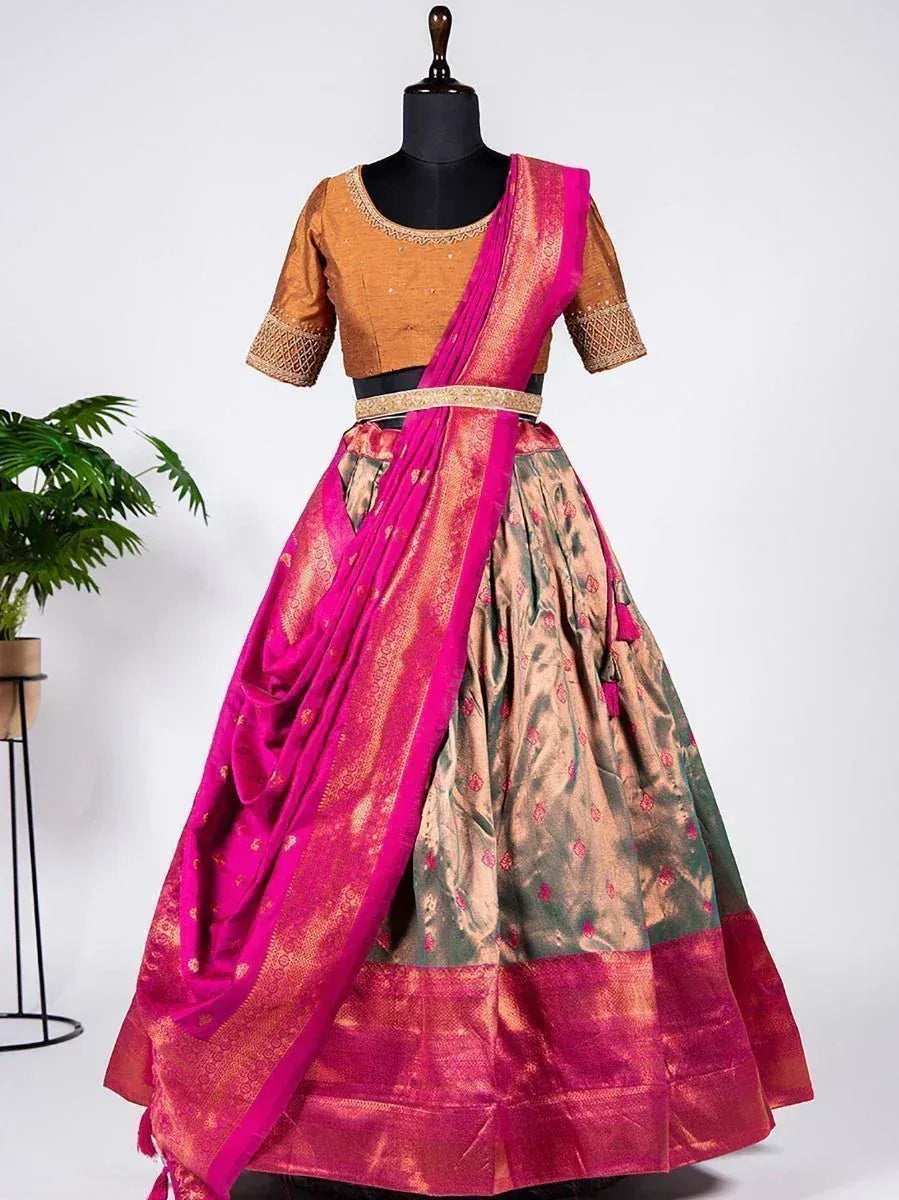 Designer lehenga choli with gold blouse, pink dupatta, and printed skirt for Indian ethnic wear