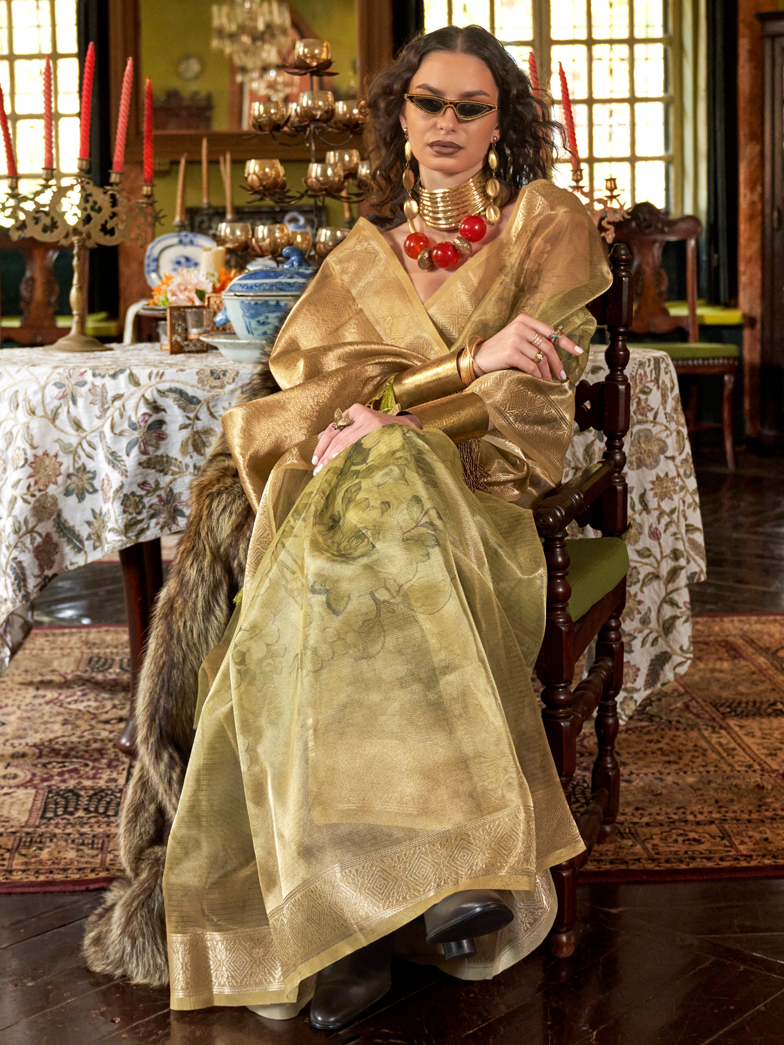 Adorable Green Printed Organza Festive Wear Saree With Blouse