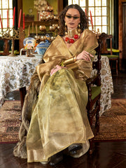 Adorable Green Printed Organza Festive Wear Saree With Blouse