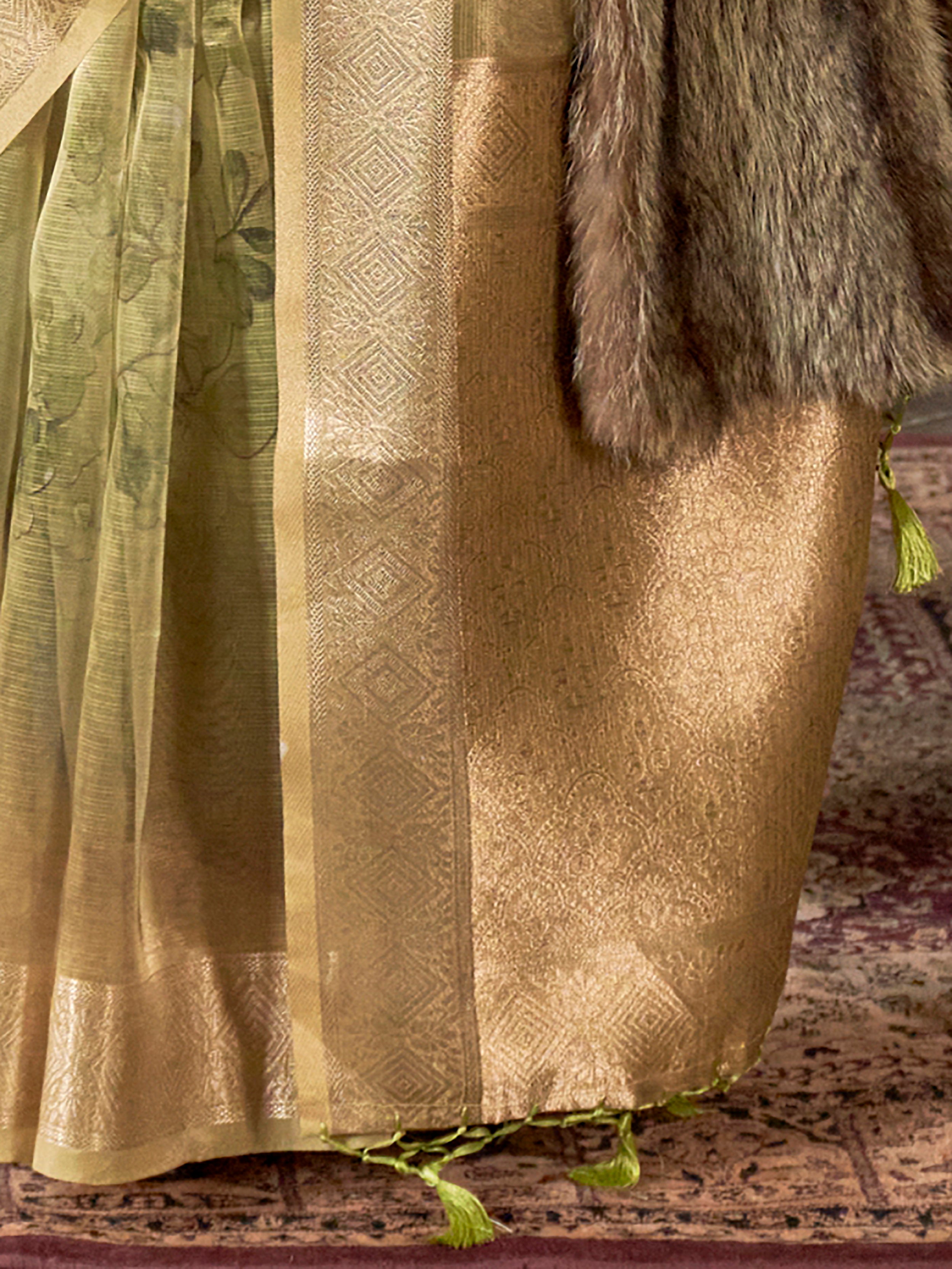 Adorable Green Printed Organza Festive Wear Saree With Blouse