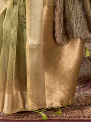 Adorable Green Printed Organza Festive Wear Saree With Blouse