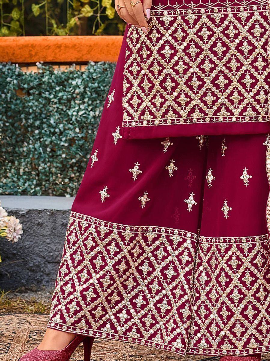 Maroon ethnic sharara with gold embroidery, perfect for Indian weddings and festive occasions.