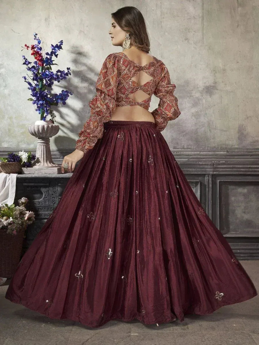 Maroon lehenga choli with embroidered blouse and flared skirt, Indian ethnic wear