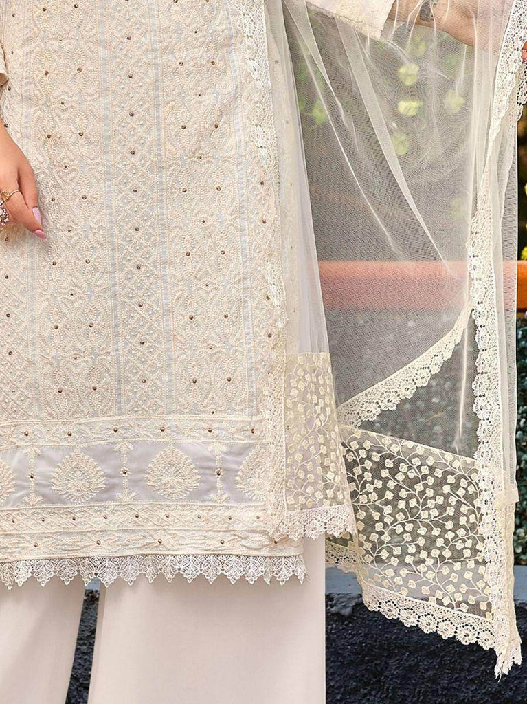 Stunning White Thread Embroidered Georgette Palazzo Suit