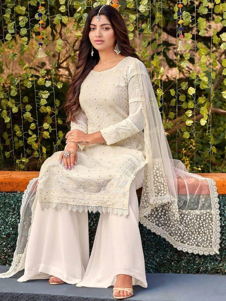 Stunning White Thread Embroidered Georgette Palazzo Suit