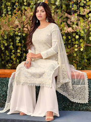 Stunning White Thread Embroidered Georgette Palazzo Suit