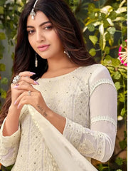 Stunning White Thread Embroidered Georgette Palazzo Suit