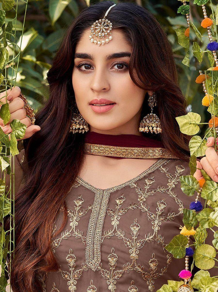 Attractive Beige Thread Embroidered Georgette Palazzo Suit