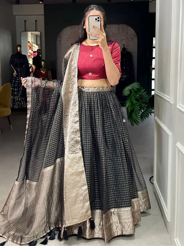 Astonishing Black Zari Weaving Organza Sangeet Wear Lehenga Choli