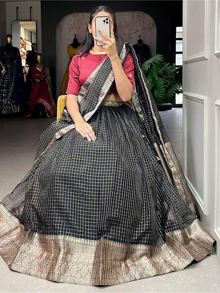 Astonishing Black Zari Weaving Organza Sangeet Wear Lehenga Choli