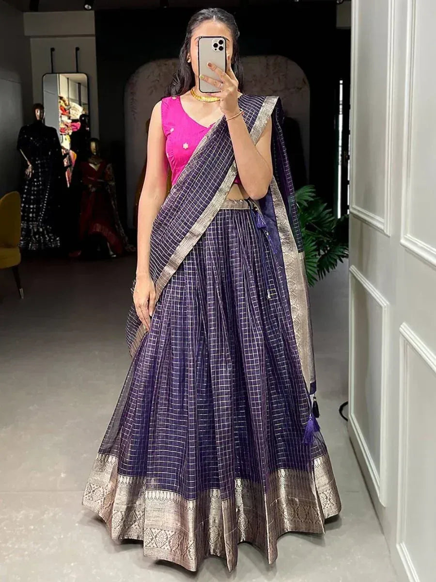 Purple checkered lehenga choli with gold border, pink blouse, ethnic Indian wear for women