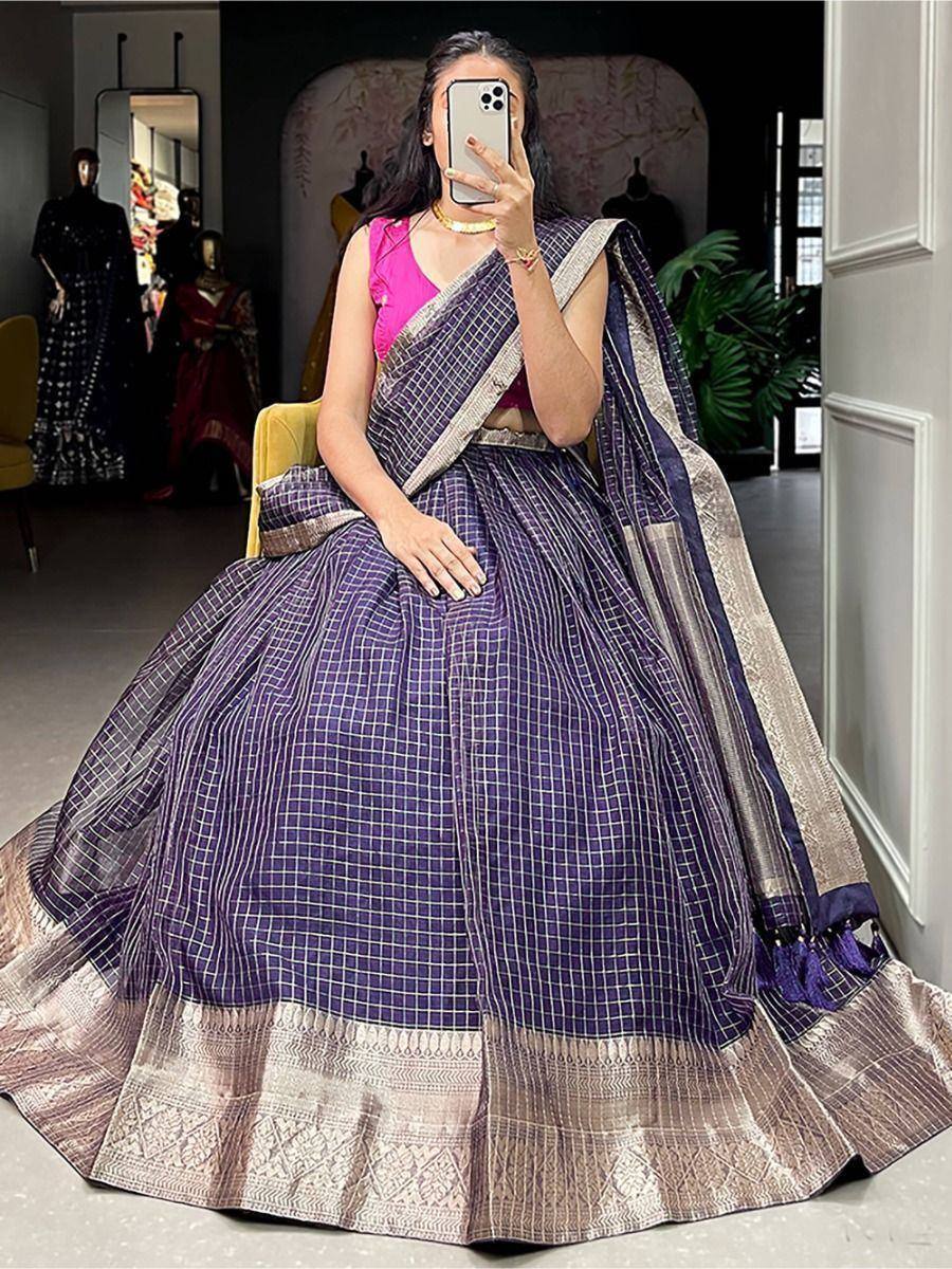 Purple checkered lehenga choli with gold border, Indian ethnic wear for women