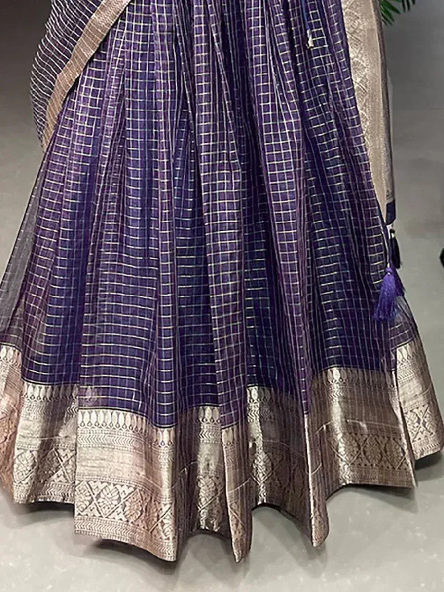 Purple checkered lehenga with silver zari border and tassel detail, ethnic Indian wear