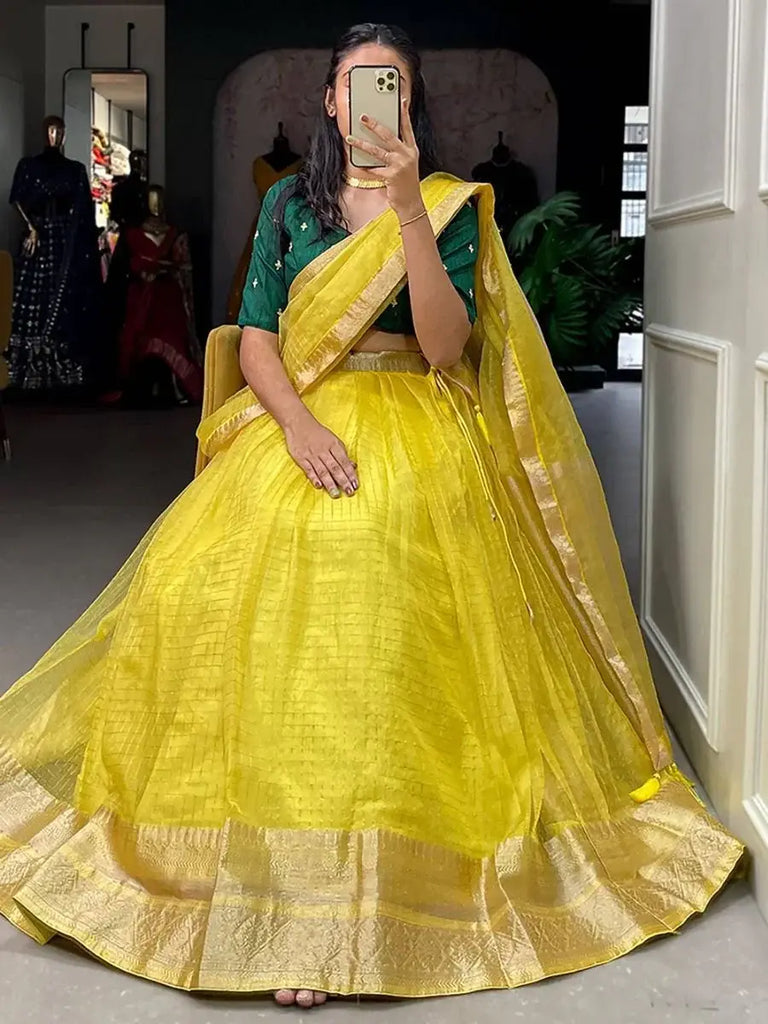 Spectacular Yellow Zari Weaving Organza Haldi Wear Lehenga Choli