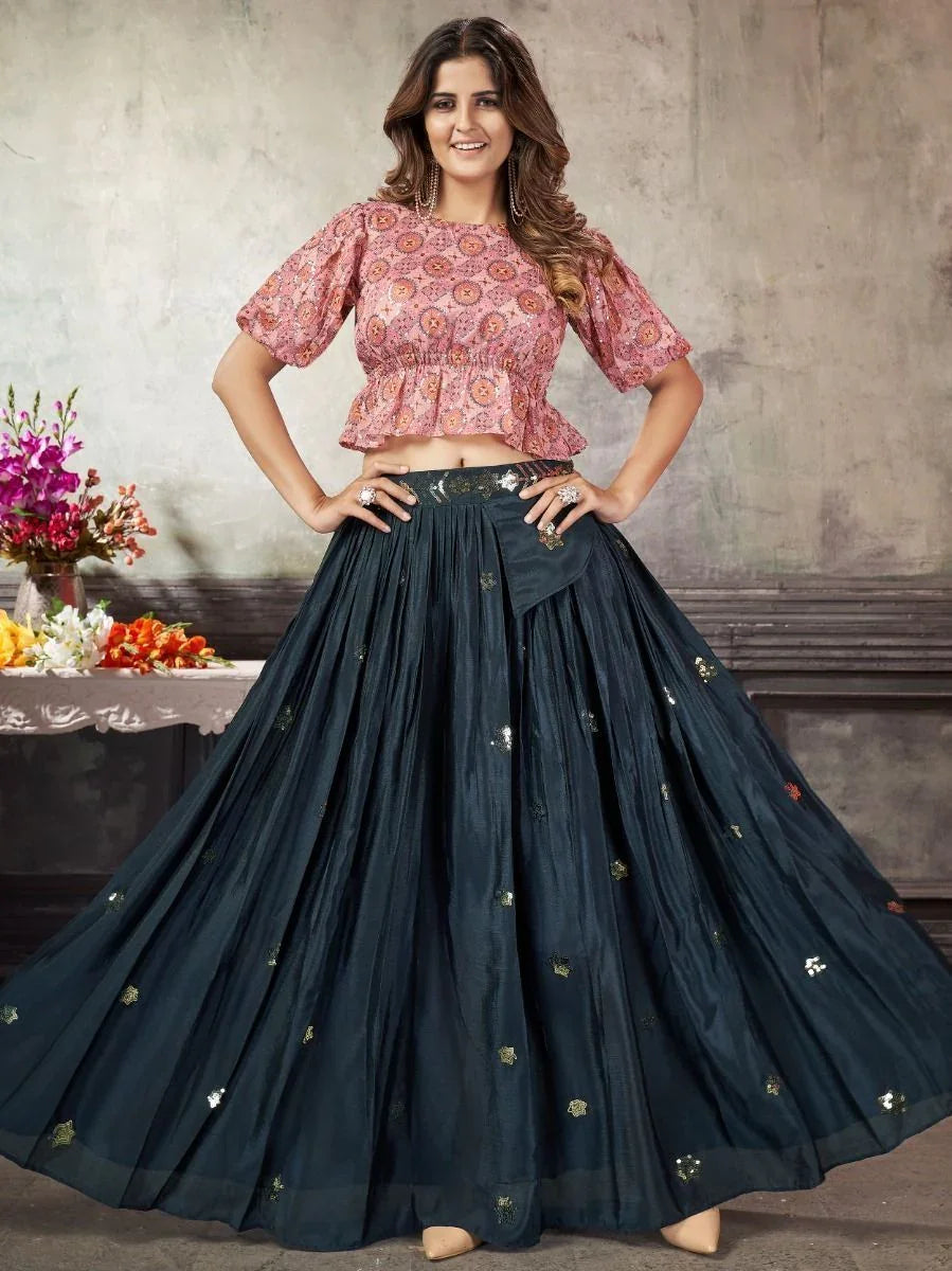 Stunning Navy Blue Sequined Silk Ready-to-wear Lehenga Choli