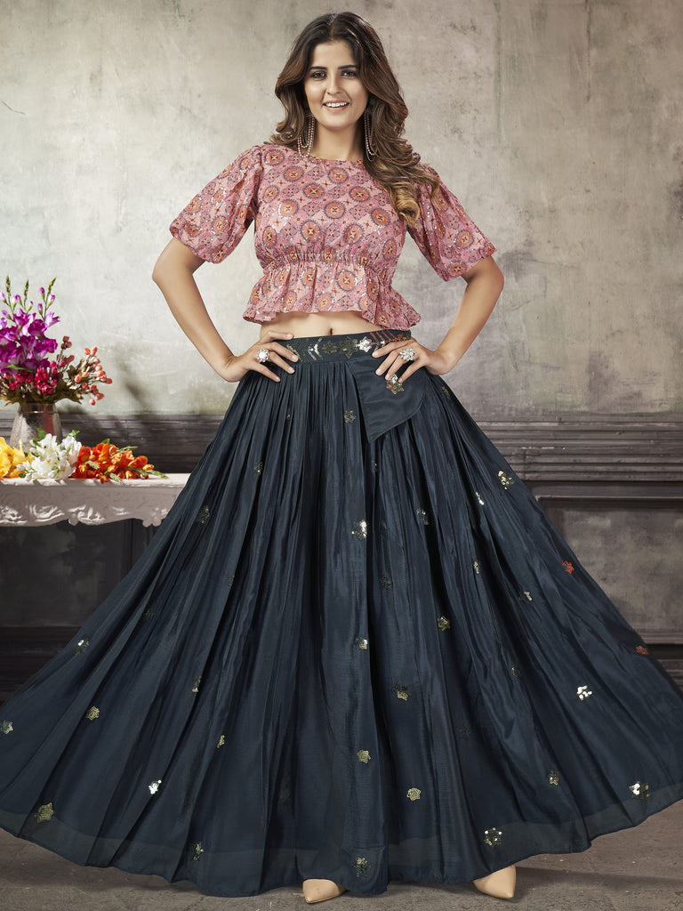 Stunning Navy Blue Sequined Silk Ready-to-wear Lehenga Choli