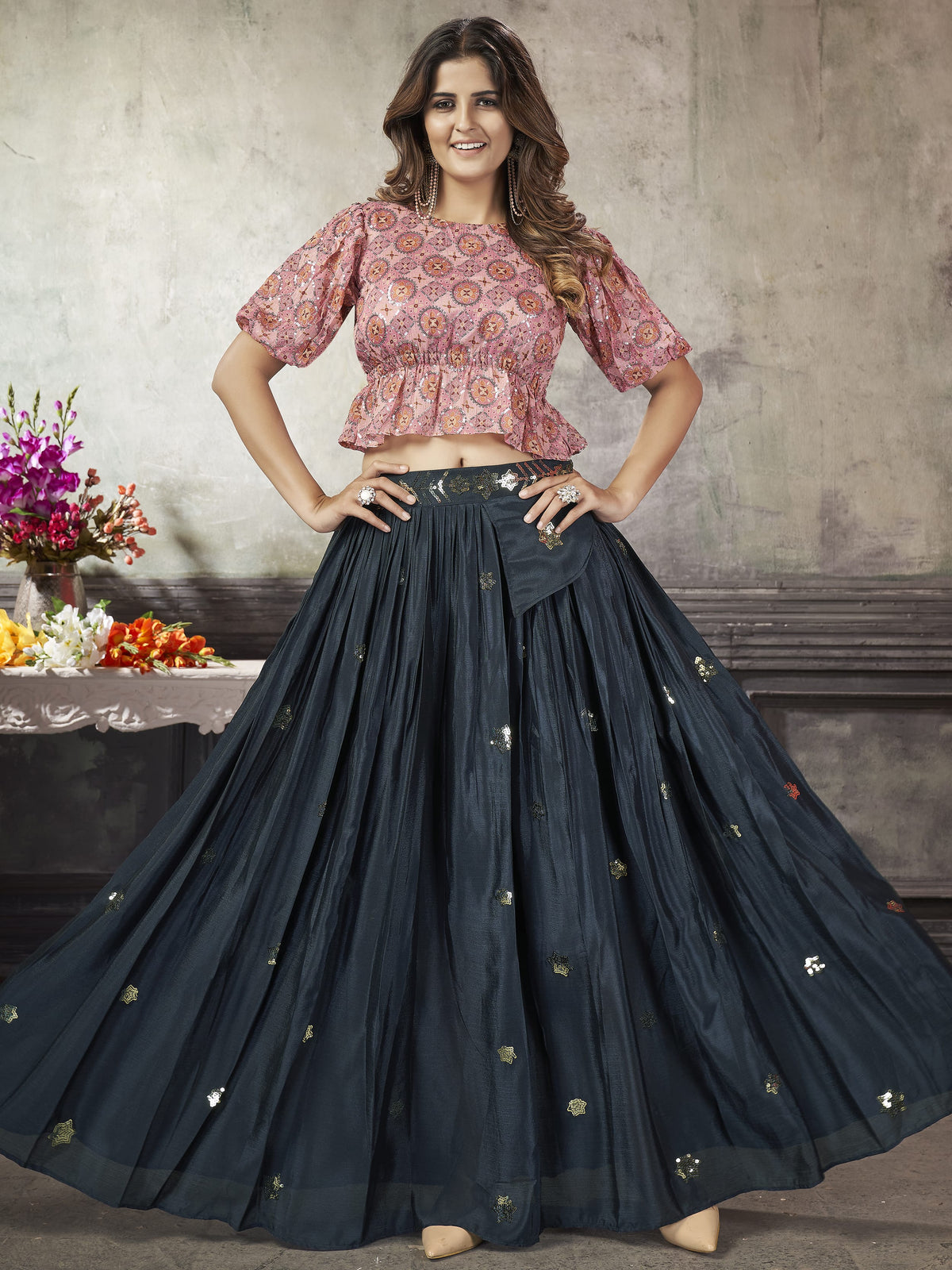 Stunning Navy Blue Sequined Silk Ready-to-wear Lehenga Choli