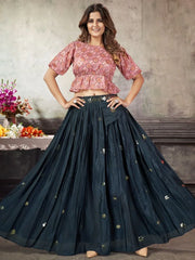 Stunning Navy Blue Sequined Silk Ready-to-wear Lehenga Choli