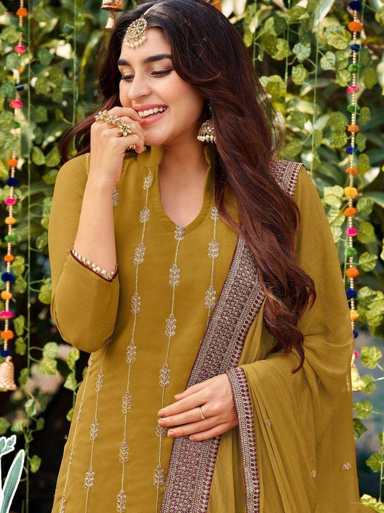 Adorable Mustard-Yellow Embroidered Georgette Palazzo Suit
