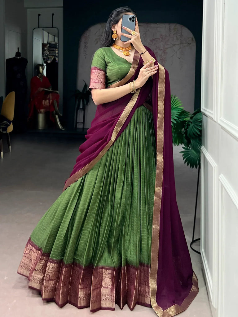 Glorious Mehendi Green Zari Weaving Silk Lehenga Choli With Dupatta