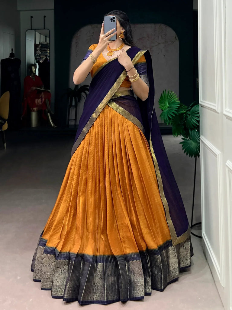 Attractive Mustard Yellow Zari Weaving Silk Haldi Wear Lehenga Choli