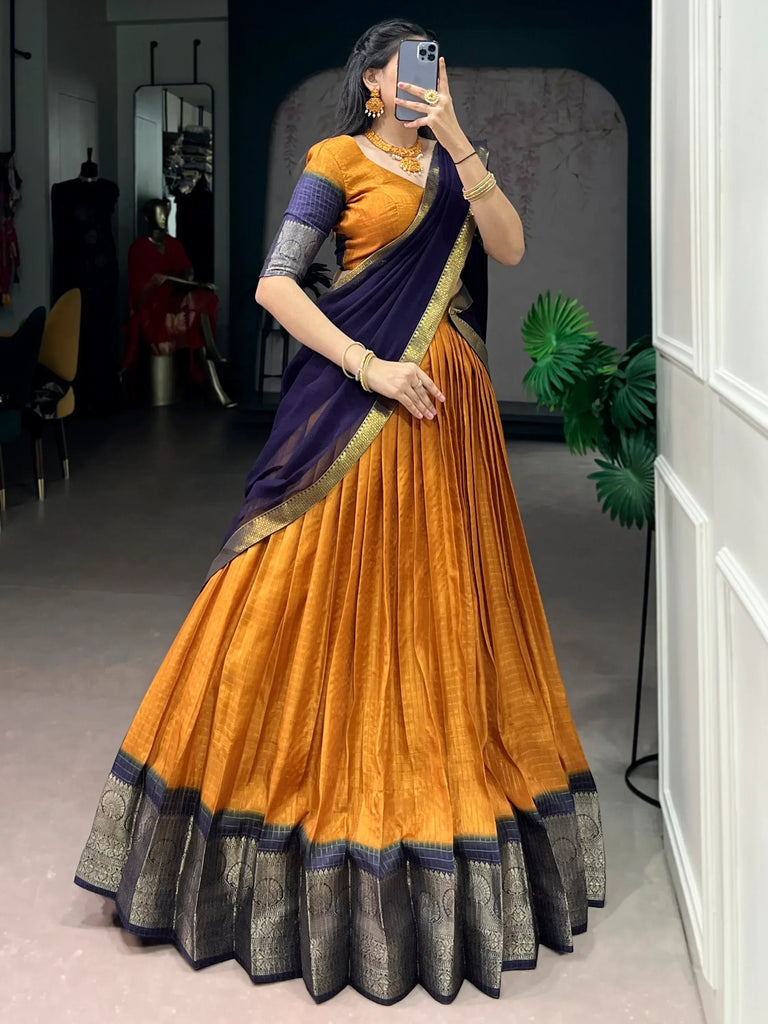 Attractive Mustard Yellow Zari Weaving Silk Haldi Wear Lehenga Choli